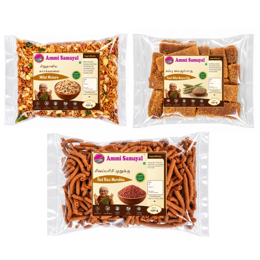 Millet Spice Mixture 250g + Bajra (kambu) Mysorepak 250g + Red rice Murukku 250g