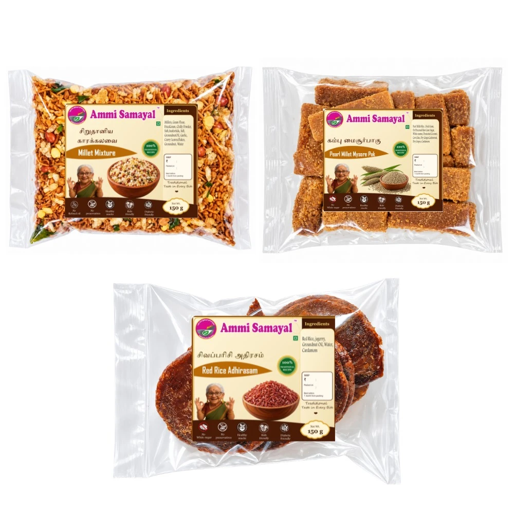 Millet Spice Mixture 250g + Bajra (kambu) Mysorepak 250g + Millet Adhirasam 250g