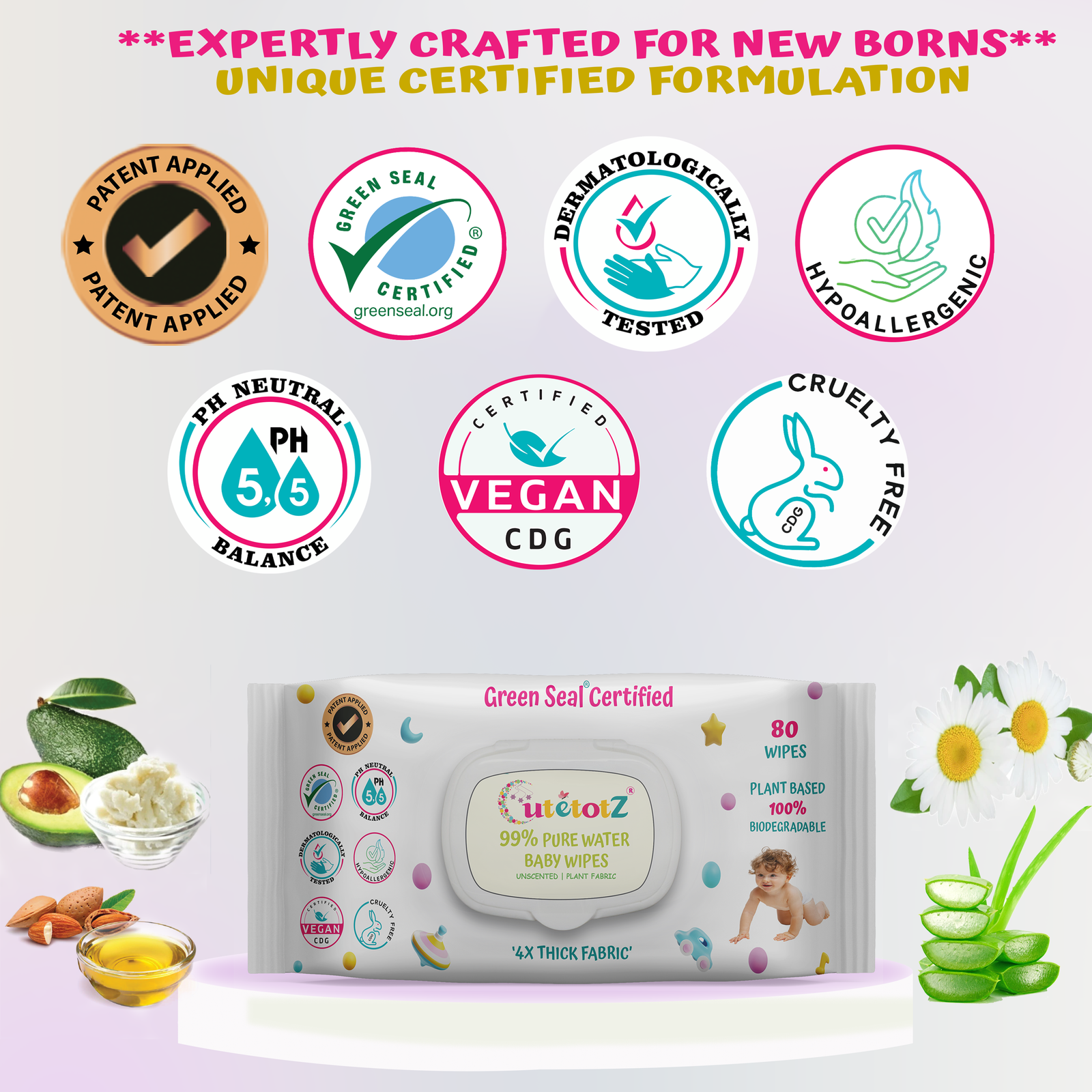 Plant based Green Seal™ Certified Fragrance Free Baby Wet Wipes