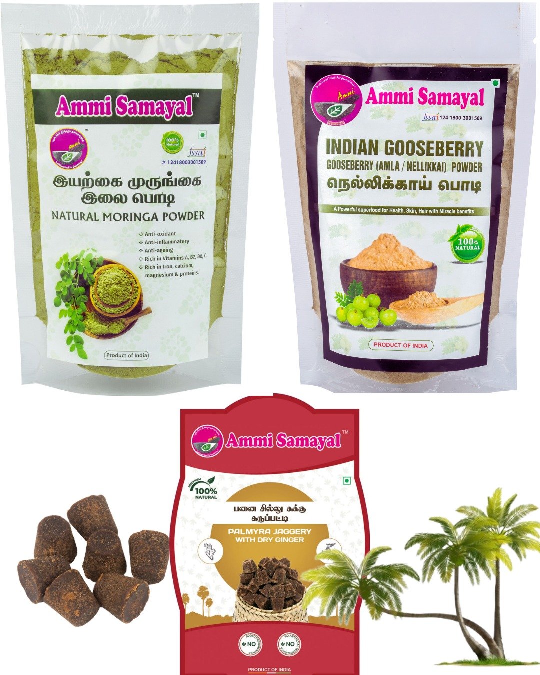Amla powder 100g + Moringa powder 100g + Sukku Karupatti 250g