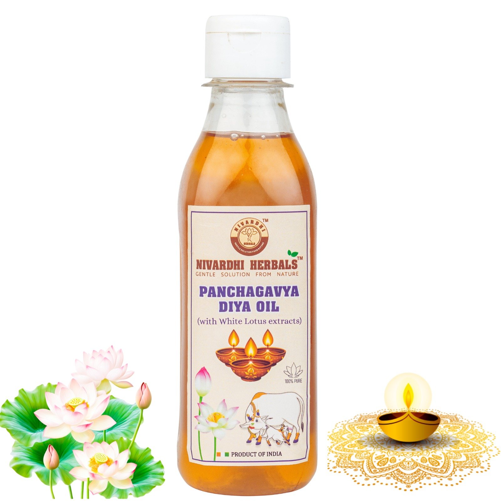 Nivardhi Herbals Panchagavya diya oil with White lotus | Blend of Panchagavya ark & white lotus benefits for pooja | 250ml