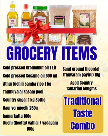 “Traditional healthy grocery combo with cold pressed oils, rice, dal, tamarind and natural snacks